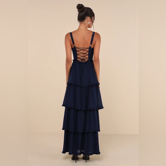 Lulus Sophisticated Occasion Navy Blue Bustier Lace-Up Maxi Dress - Picture 3 of 8